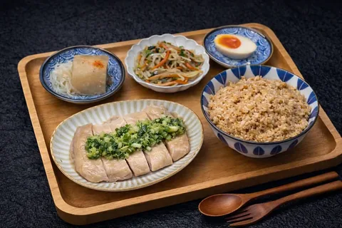 慢煮雞扒配飯及小菜，擺盤示意