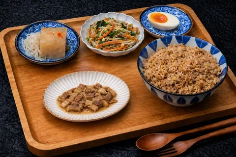 手切台式滷肉配飯及小菜，擺盤示意
